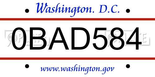 0BAD584 District Of Columbia License Plate