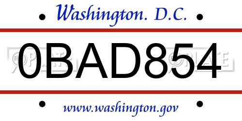 0BAD854 District Of Columbia License Plate
