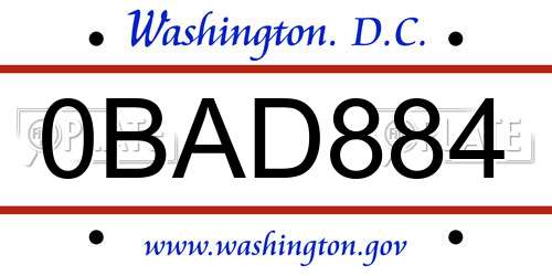 0BAD884 District Of Columbia License Plate
