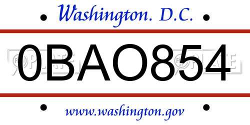0BAO854 District Of Columbia License Plate