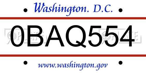 0BAQ554 District Of Columbia License Plate