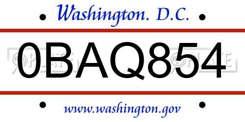 0BAQ854 District Of Columbia License Plate