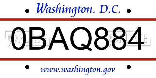 0BAQ884 District Of Columbia License Plate