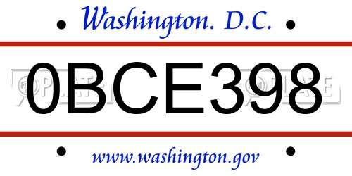 0BCE398 District Of Columbia License Plate