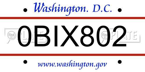 0BIX802 District Of Columbia License Plate