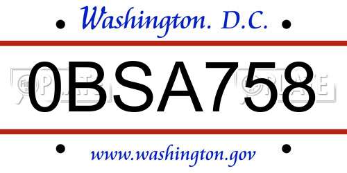 0BSA758 District Of Columbia License Plate