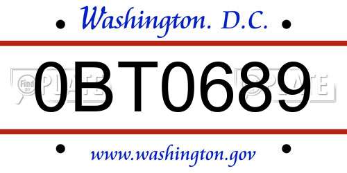 0BT0689 District Of Columbia License Plate