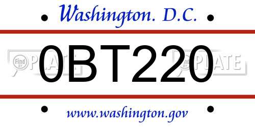 0BT220 District Of Columbia License Plate