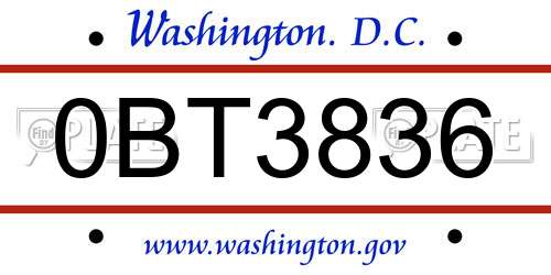 0BT3836 District Of Columbia License Plate