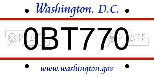 0BT770 District Of Columbia License Plate