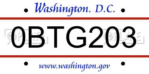 0BTG203 District Of Columbia License Plate