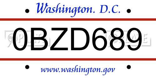 0BZD689 District Of Columbia License Plate