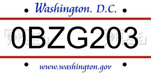 0BZG203 District Of Columbia License Plate
