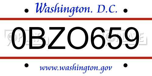 0BZO659 District Of Columbia License Plate