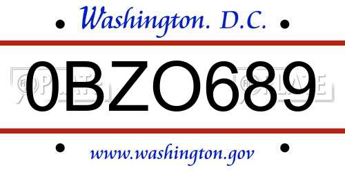 0BZO689 District Of Columbia License Plate