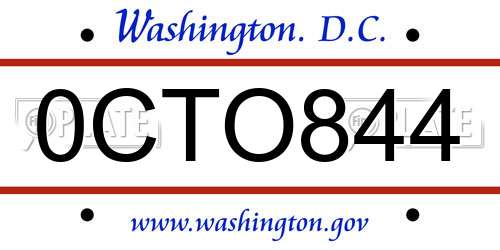0CTO844 District Of Columbia License Plate