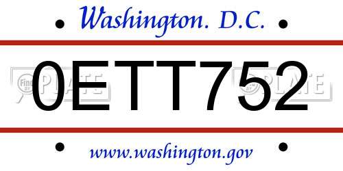 0ETT752 District Of Columbia License Plate