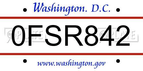 0FSR842 District Of Columbia License Plate