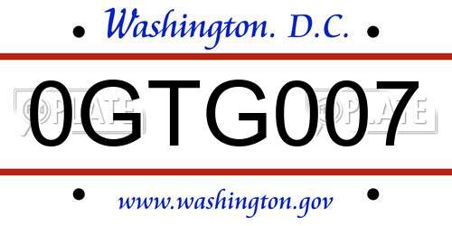 0GTG007 District Of Columbia License Plate