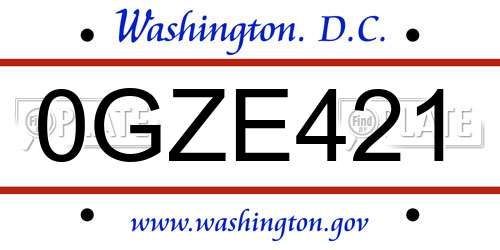 0GZE421 District Of Columbia License Plate