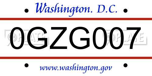 0GZG007 District Of Columbia License Plate