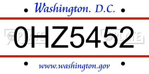 0HZ5452 District Of Columbia License Plate