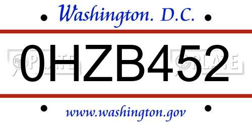 0HZB452 District Of Columbia License Plate