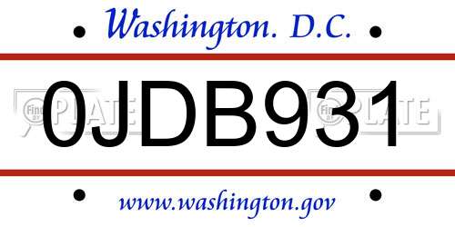 0JDB931 District Of Columbia License Plate