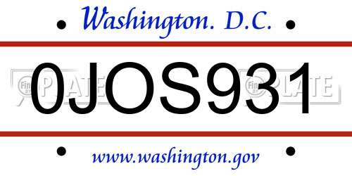 0JOS931 District Of Columbia License Plate