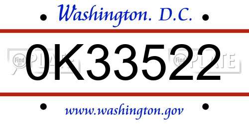 0K33522 District Of Columbia License Plate