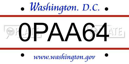 0PAA64 District Of Columbia License Plate