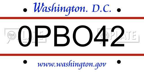 0PBO42 District Of Columbia License Plate