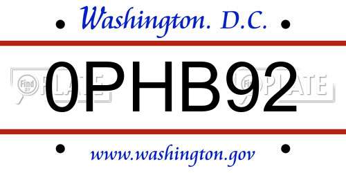 0PHB92 District Of Columbia License Plate