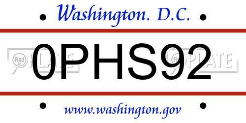 0PHS92 District Of Columbia License Plate