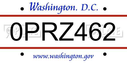 0PRZ462 District Of Columbia License Plate