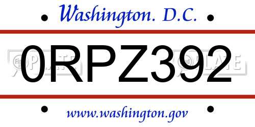 0RPZ392 District Of Columbia License Plate