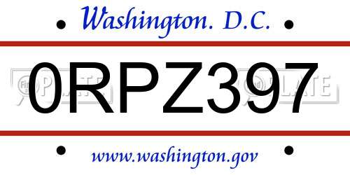 0RPZ397 District Of Columbia License Plate