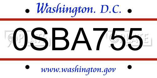 0SBA755 District Of Columbia License Plate