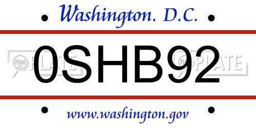 0SHB92 District Of Columbia License Plate