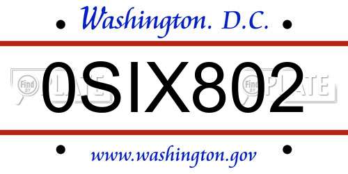 0SIX802 District Of Columbia License Plate