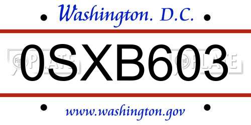 0SXB603 District Of Columbia License Plate