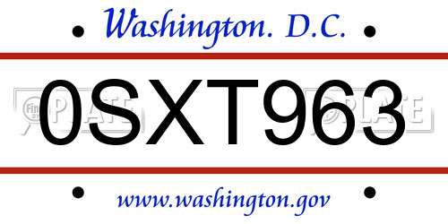 0SXT963 District Of Columbia License Plate