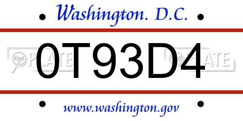 0T93D4 District Of Columbia License Plate