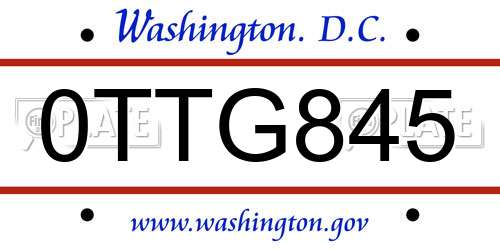 0TTG845 District Of Columbia License Plate