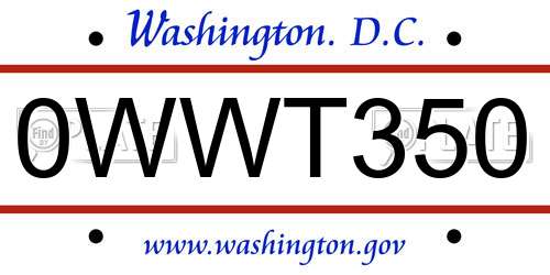 0WWT350 District Of Columbia License Plate