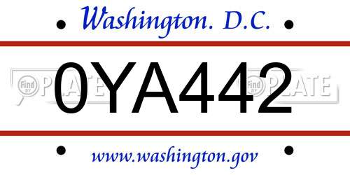 0YA442 District Of Columbia License Plate