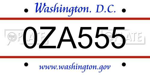 0ZA555 District Of Columbia License Plate