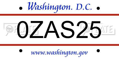 0ZAS25 District Of Columbia License Plate