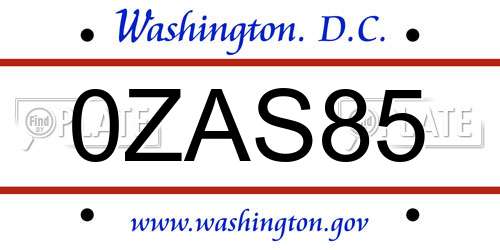 0ZAS85 District Of Columbia License Plate