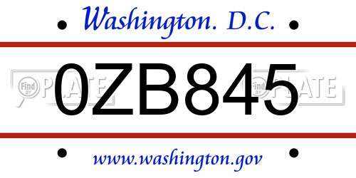 0ZB845 District Of Columbia License Plate